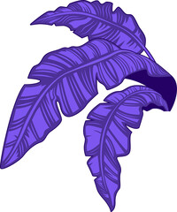 Cluster of purple stylized banana leaves is forming flat design on transparent background