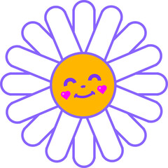Stylized daisy flower is showing smiling yellow face pink heart cheeks flat transparent background