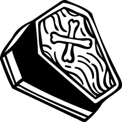 Stylized coffin flat illustration is showing wood grain and bone cross, transparent background