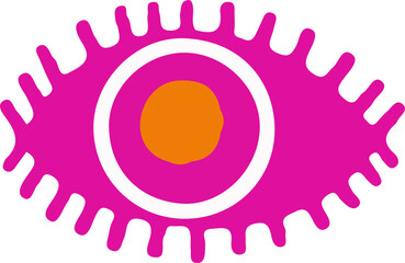 Showing spiked magenta eye in flat design with white ring and orange dot on transparent background