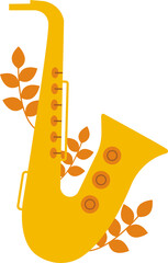 Yellow saxophone with orange keys and leaves is floating in flat vector, transparent background