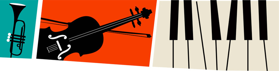 Flat design banner is showing trumpet icon, violin with bow, piano keys on transparent background