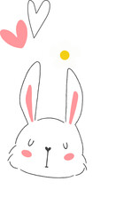 Rabbit head is floating on fluffy clouds featuring daisy hearts in flat art on transparent backdrop