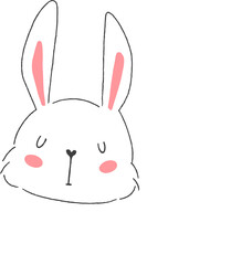 Hand-drawn sketch rabbit head and paws popping behind fluffy clouds on transparent background
