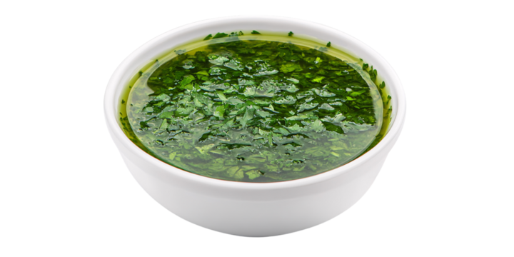 Fresh Chimichurri Sauce in White Bowl, a Vibrant Green Herb Sauce with Olive Oil, Perfect for Grilling and Enhancing Flavors Culinary Concept