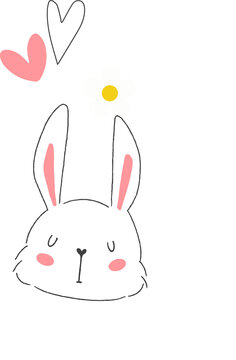 Fototapeta Rabbit head is floating on fluffy clouds featuring daisy hearts in flat art on transparent backdrop