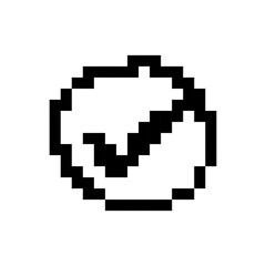 Pixelated mosaic check mark icon featuring a retro style in a classic black and white design.