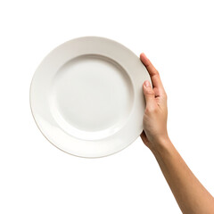White dinner plate held in hand isolated on a white background png generated ai