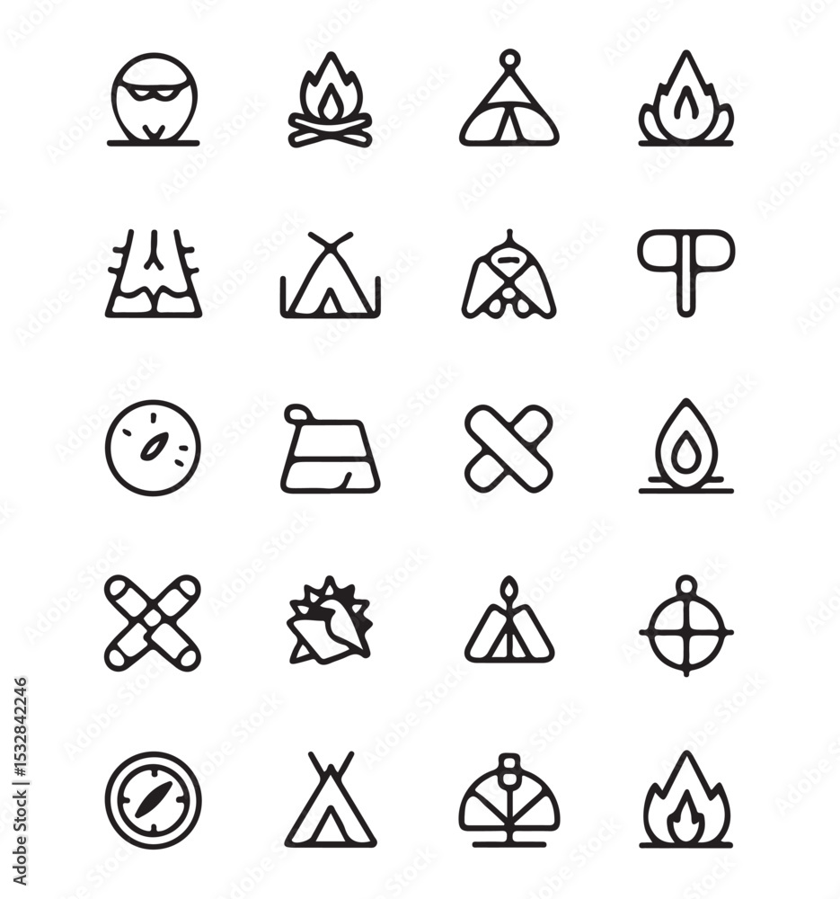 Poster twenty camping and outdoor adventure vector line art icons set black and white simple minimalist sty
