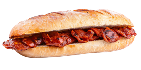 Delicious chorizo sandwich on crusty bread roll, a popular Spanish tapa Closeup of tasty grilled sausage sandwich, a flavorful street food snack