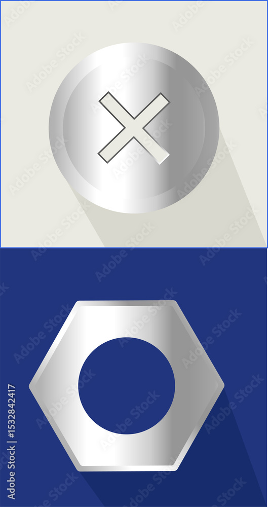Poster cross-slot screw and hex nut are being displayed in flat two-panel with shadows on clear background