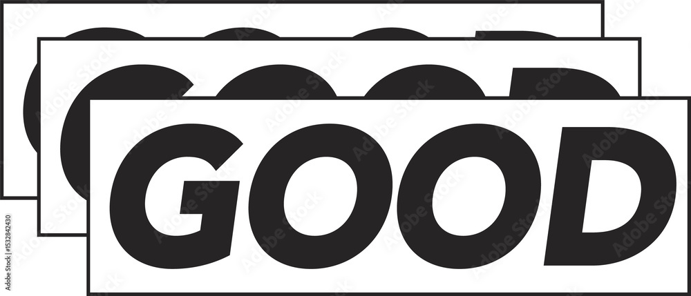 Poster stylized word good appearing on three overlapping cards in flat design with transparent background