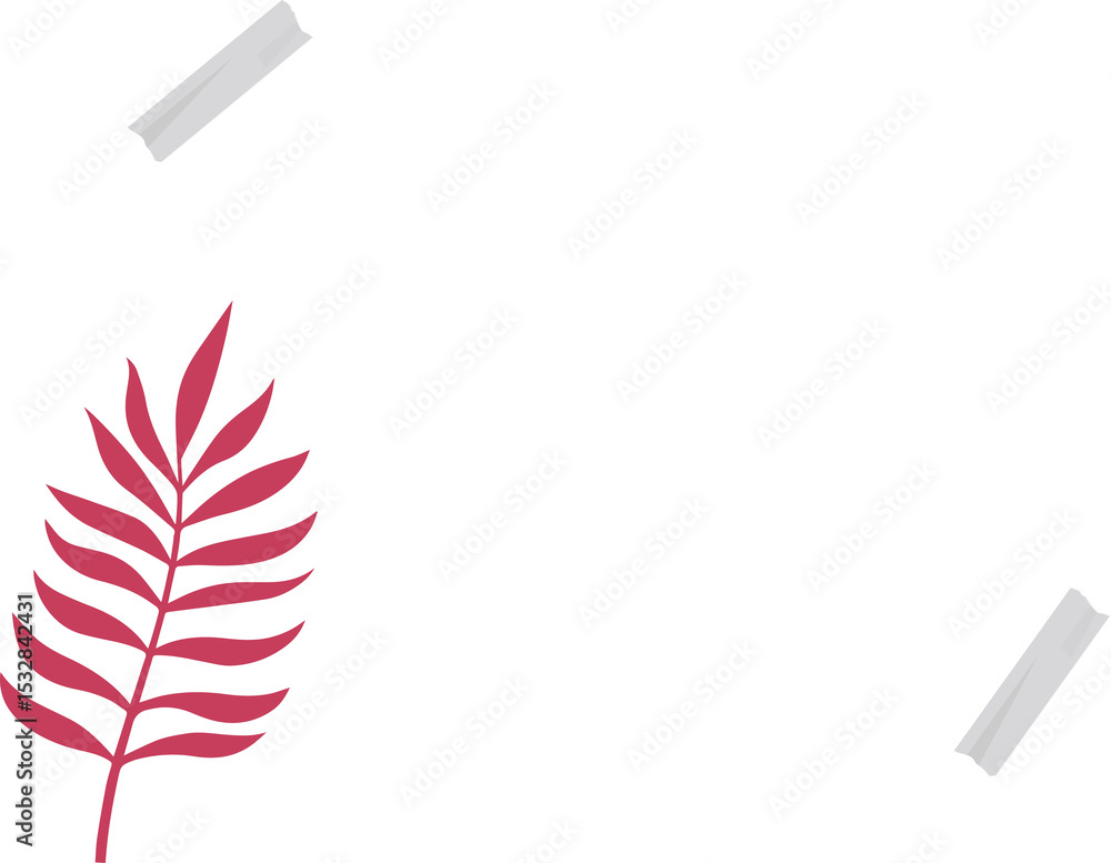 Poster flat design frame is showing white border with gray tape and pink leaf on transparent background
