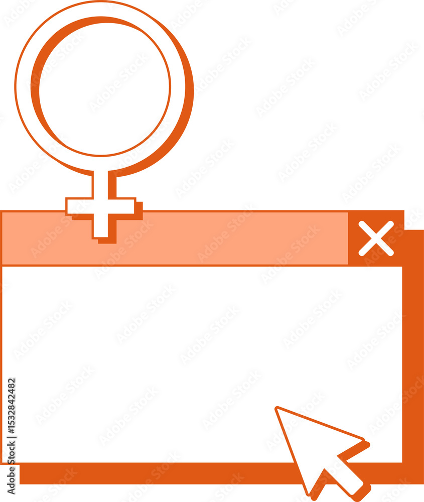 Poster flat vector ui showing window frame, close icon, female symbol and cursor on transparent background
