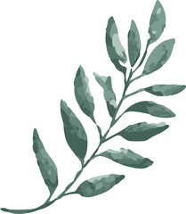 Stylized botanical branch is extending diagonally with patchy green leaves, transparent background