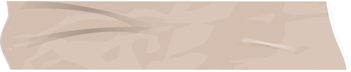 Elongated torn beige tape strip is floating on transparent backdrop in flat design showing creases