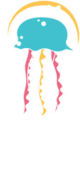 Fototapeta premium Floating vector jellyfish showing teal and yellow dotted dome, tentacles on transparent background