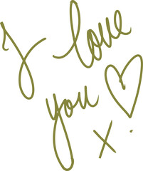 Displaying digital golden cursive I love you with heart-outline and x on transparent background