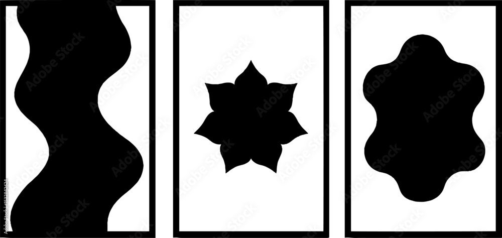 Poster abstract shapes and patterns featuring overlapping swirl, arc, and star motifs