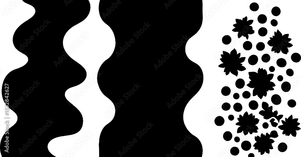 Poster abstract design with overlapping shapes and swirl arc featuring stars and circles