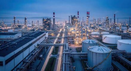 Industrial Factory Complex with Tall Chimneys and Metal Structures at Dusk