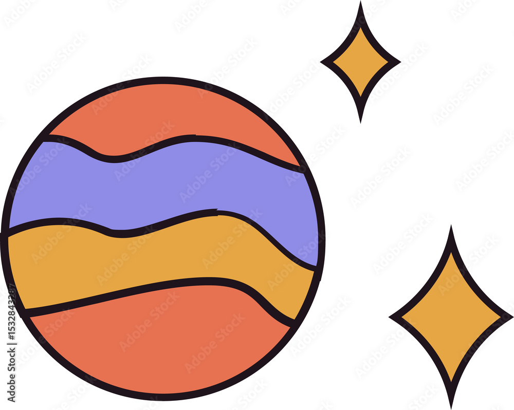 Poster flat vector featuring circular orb gliding in wavy bands with star icons on transparent background