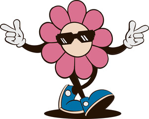 Flat design cartoon flower is dancing on transparent background wearing sunglasses gloves sneakers