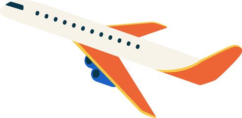 Flat vector illustration is showing jet with orange wings, blue engines, transparent background