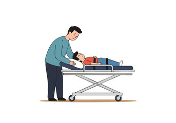 A caring man supports a child on a hospital trolley.  Illustration depicts patient care and support. Clean, modern style.
