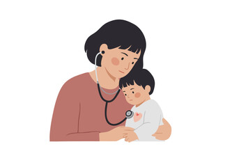 A caring mother listens to her child's heartbeat with a stethoscope. Soft, gentle tones evoke trust and reassurance. Ideal for healthcare, family, and wellness themes.