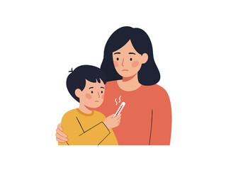 A concerned mother checks her child's temperature with a thermometer. A tender moment of family care. Soft, pastel colors and a simple illustration style.