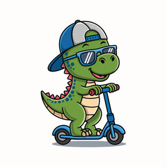  Cool Dinosaur driving on a Scooter vector illustration isolated on white background.
