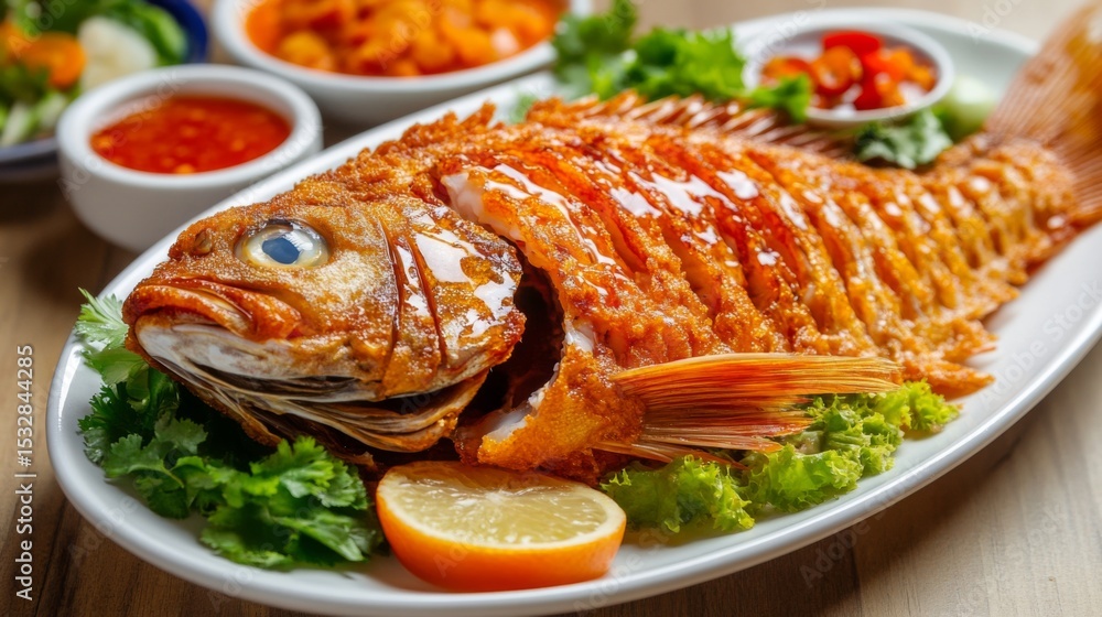 Poster close-up of a fried fish fillet with a crispy crust, drizzled generously with fish sauce, set agains