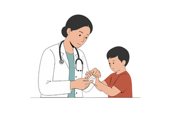 A female doctor gently wraps a child's hand with a bandage, demonstrating a caring medical consultation. Clean, modern illustration style.
