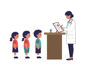 A doctor examines children's growth charts, illustrating pediatric healthcare. Clean, modern illustration with a focus on family health. Bright colors and clear composition.