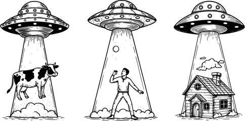 Alien abductions illustrations flying saucers capturing a cow, human, and house in vintage sci-fi style. Perfect for prints, stickers, t-shirts designs. Vector illustration.