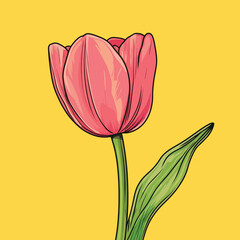 Vibrant Pink Tulip with Detailed Outlines and Green Leaf on Yellow Background