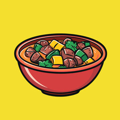 Vibrant Red Bowl of Savory Stew with Meat and Vegetables
