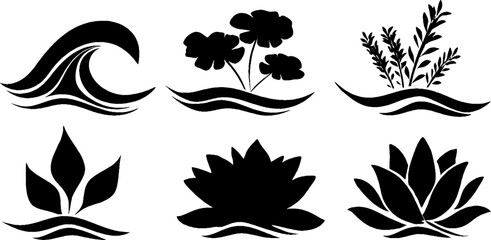 Obraz premium Abstract nature icons: river waves, fish swirls, and water droplet designs for branding