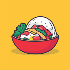 Vibrant Red Bowl of Cartoon Food with Rice and Vegetables