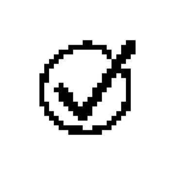 A pixelated ckeck mark icon using black and white squares, capturing a retro and mosaic feel.