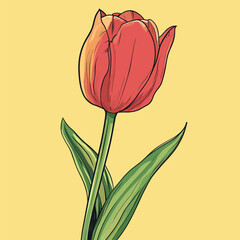 Vibrant Red Tulip with Green Leaves Bold Outlines and Artistic Style