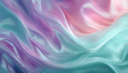 Fototapeta premium Dreamy pastel silk fabric with soft, flowing waves transitioning from purple to pink to teal, creating a serene and luxurious texture