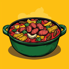Vibrant Stew in Rustic Green Pot Sausage Corn and Cashews
