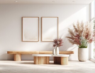 Minimalist interior with wooden bench, coffee table, and pampas grass in a sunlit room featuring two framed prints on a white wall