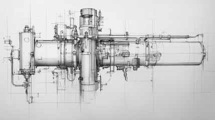Detailed technical drawing of a complex mechanical assembly in a workshop setting showcasing precision engineering