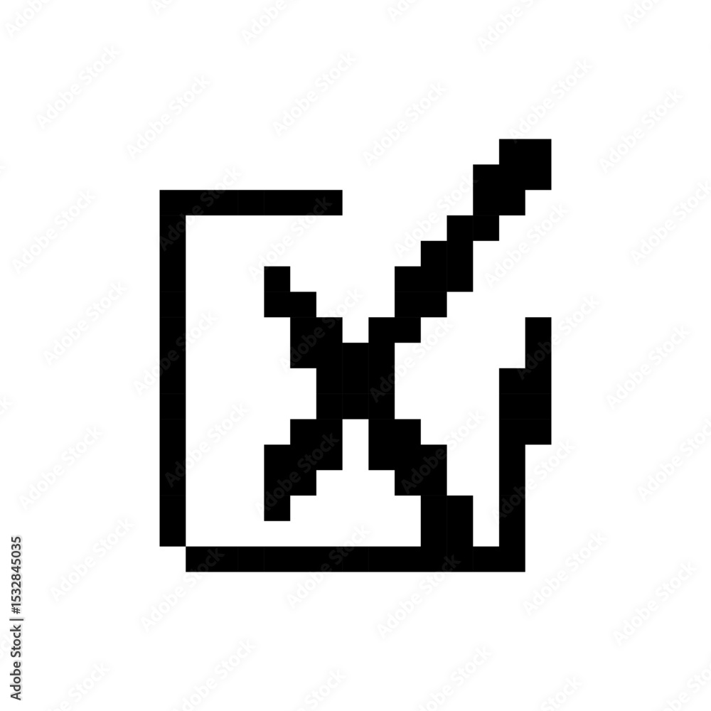 Aufkleber mosaic icon in pixel style showing an check mark with a retro, black and white design.