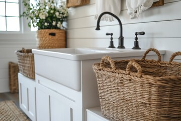 Farmhouse Laundry Room Style White Sink with Black Faucet and Woven Baskets