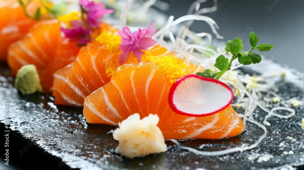 Poster close-up shot of delicate slices of sashimi artfully presented on a black plate, with thinly sliced 