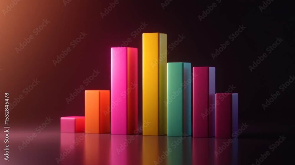 Fototapete colorful d bar chart with varying heights on a sleek surface, illuminated by soft lighting, creating
